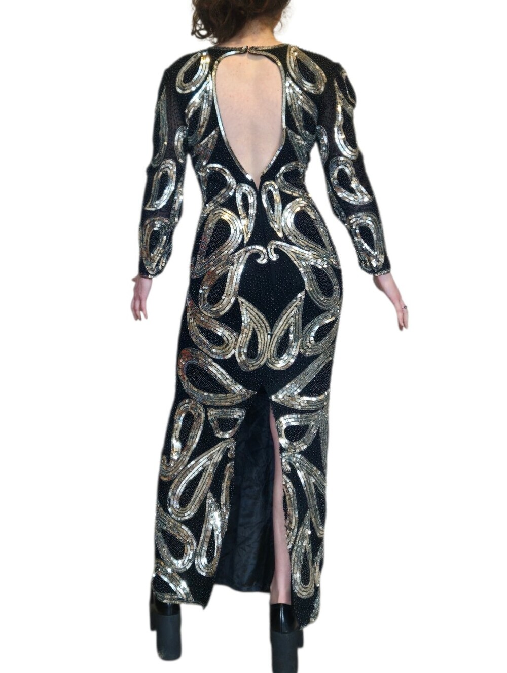 Vintage 80s Swee Lo Sequin Paisley Maxi Dress Open Back M/L